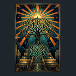 Poster Pirâmide Árvore da Vida Celta Art Déco Dourado Tur<br><div class="desc">Uma obra-prima deslumbrante que combina simbolismo antigo com luxo dos anos 20. Esta ilustração apresenta uma majestosa Árvore da Vida com raízes intrincadas de entrelaçamento celta emergindo de uma grandiosa pirâmide geométrica. Contra um vibrante fundo verde-azulado e um resplendoroso sol dourado, esta obra de arte captura a essência do Renascimento...</div>