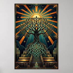 Poster Pirâmide Árvore da Vida Celta Art Déco Dourado Tur