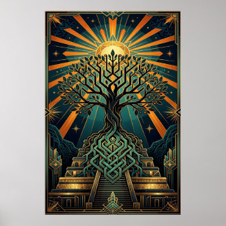 Poster Pirâmide Árvore da Vida Celta Art Déco Dourado Tur