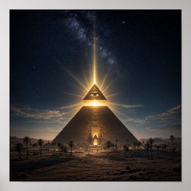 Poster Pirâmide Iluminada Mística à Noite (Frente)