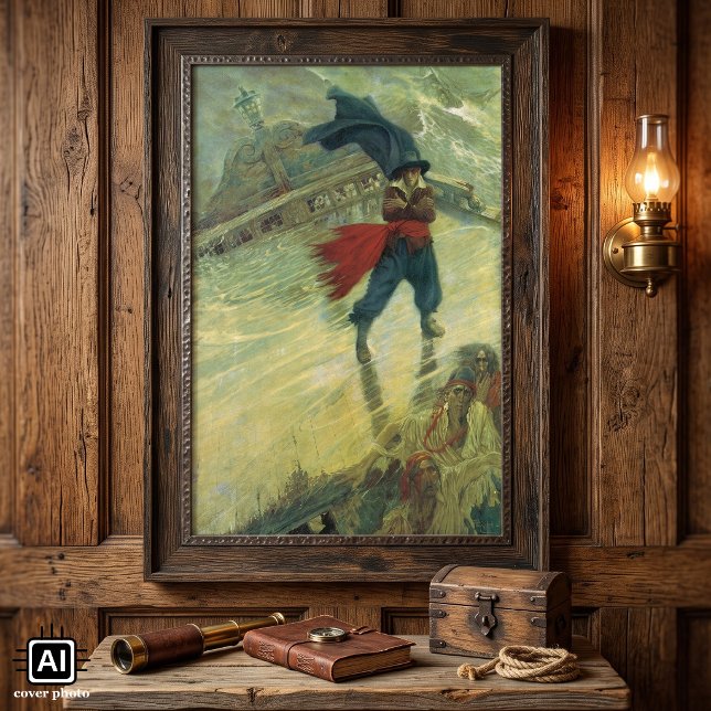 Poster Pirata Antigo, O Holandês Voador por Howard Pyle (Vintage illustration pirate image featuring The Flying Dutchman by Howard Pyle, 1900.)