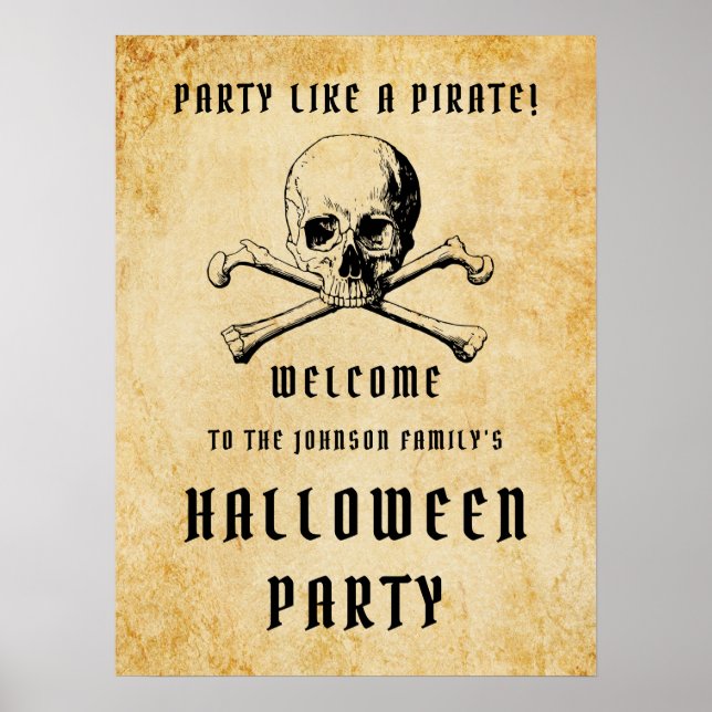 Poster Pirata Crânio E Ossos Bem-Vindo Festa De Halloween (Frente)