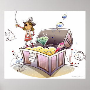 Póster Pirata fêmea que está em uma arca do tesouro