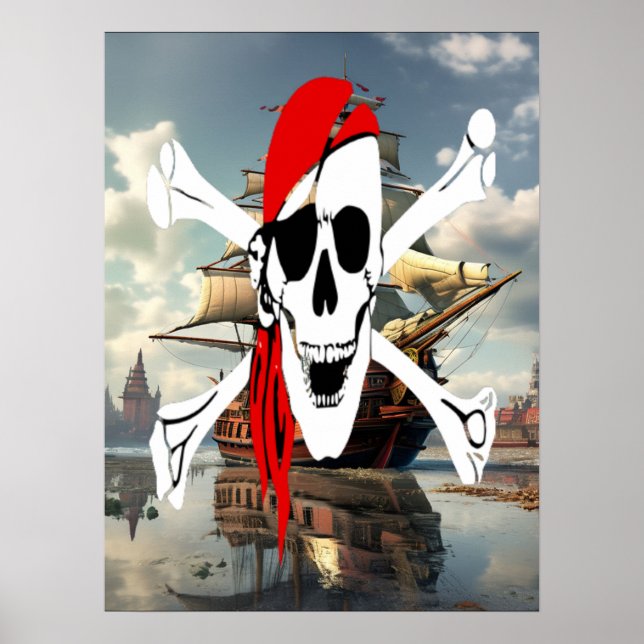 Poster Pirata Vintage Crossbones no Mar (Frente)