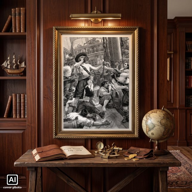 Póster Piratas Antigos Bebendo e Lutando no Navio (Vintage illustration black and white design featuring buccaneers drinking on deck of a pirate ship. )