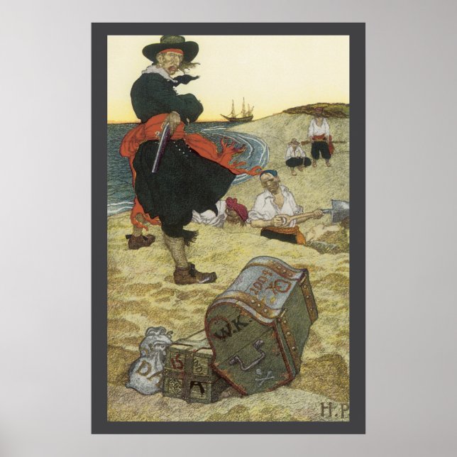 Póster Piratas Antigos, William Kidd Enterrando Tesouro (Frente)
