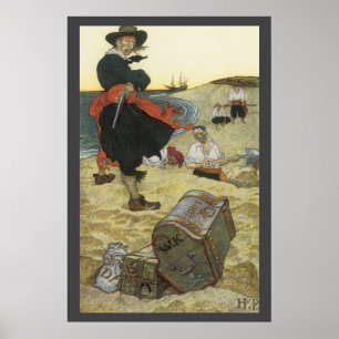 Póster Piratas do vintage, William Kidd que enterra o
