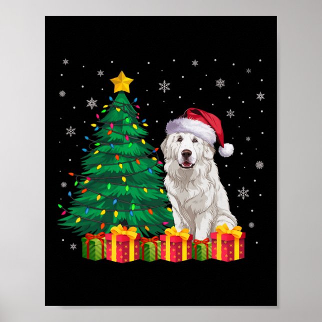 Poster Pirenéus Excelentes Santa Hat Cachorro das Luzes d (Frente)