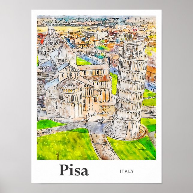 Poster Pisa Itália Desenho Da Mão De Desenho De Aquarela (Frente)