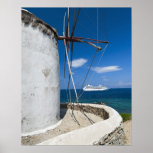Póster Piscina, ilhas de Cyclades, Mykonos, moinho de