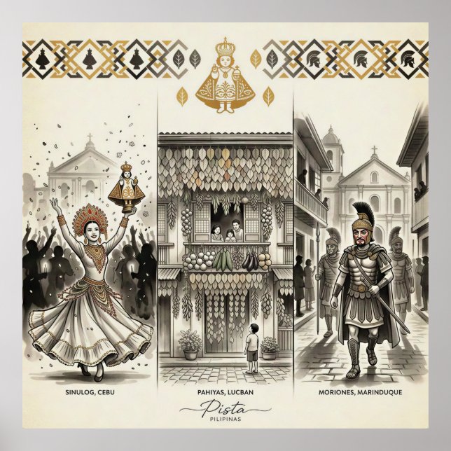 Poster Pista — Sinulog · Pahiyas · Moriones (Frente)