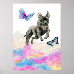 Poster Pit Bull Dog Fantasy Watercolor Pop Art<br><div class="desc">Esta é uma ilustração com uma aquarela esbranquiçada de um cão-grande-preto saltando das nuvens coloridas do arco-íris. Há borboletas bonito voando ao redor do cachorro. Pop para amantes de cães.</div>