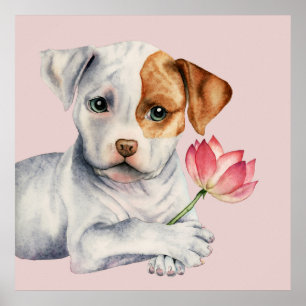 Póster Pit Bull Puppy Holding Lotus Flower Painting