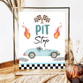 Poster Pit Stop Blue Race Car Dois Rapazes Aniversário