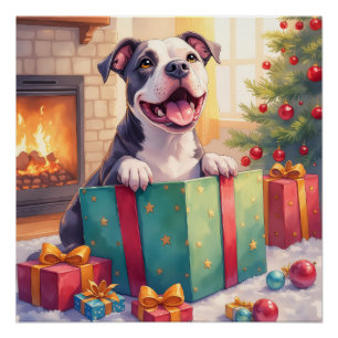 Póster Pitbull Brincalhão Abrindo Presentes de Natal Feri