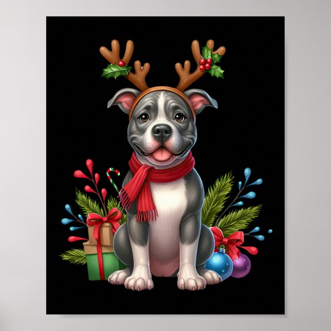 Poster Pitbull Reindeer Santa Hat Natal Luzes Natal X (Frente)