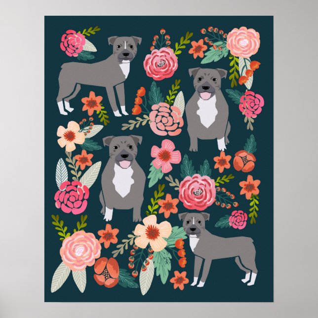 Póster Pitbull Terrier Arte de Cão Floral (Frente)