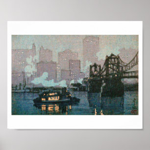 Poster Pittsburgh à noite, Hiroshi Yoshida, Woodcut