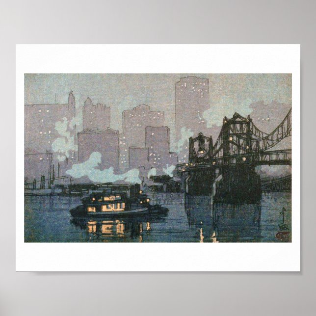 Poster Pittsburgh à noite, Hiroshi Yoshida, Woodcut (Frente)