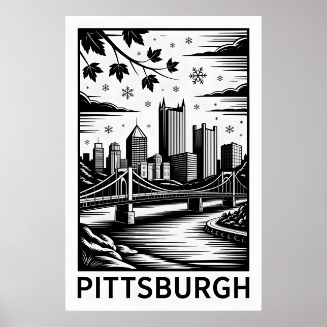 Poster Pittsburgh Skyline Black & White Winter City (Frente)