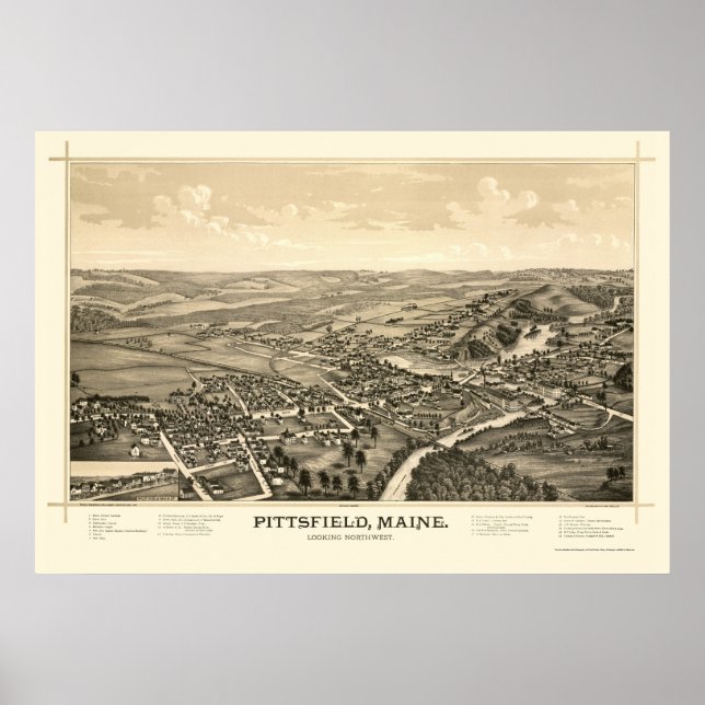 Póster Pittsfield, Mapa Panorâmico ME - 1889 (Frente)