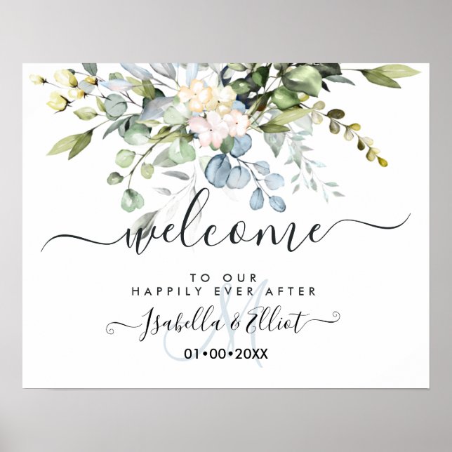 Poster PixDezines Elegante Eucalipto Azul Bem-vindo (Frente)