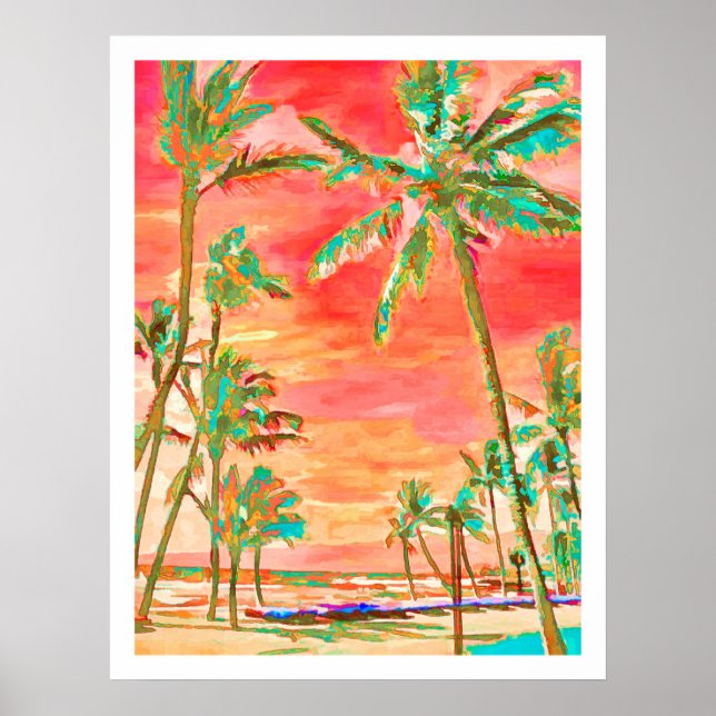 Póster PixDezines Sunset Hawaiian Beach/Coral/Teal (Frente)