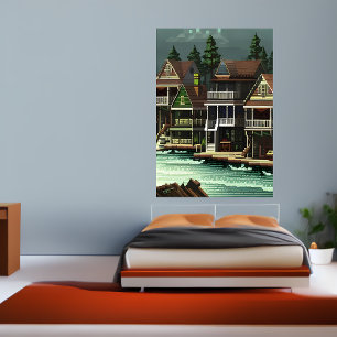 Poster Pixel art, cidade americana perto do mar   Arte AI