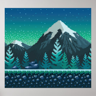 Poster Pixel Art: Montanhas Neves Noite.