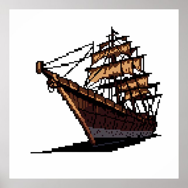 Poster Pixel Art Pirate Ship on Grey Background (Frente)