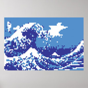 Poster Pixel Tsunami Azul 8 Bit Pixel Art