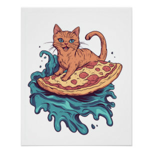 Póster Pizza Surf Cat � Aventura Extrema de Gata Foodie