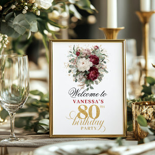 Poster Placa 8x10 de aniversário de 80 anos em burgundy r