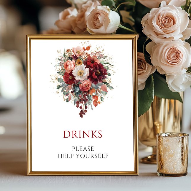 Poster Placa 8x10 Outono Boho Flores Carmesim Bebidas (Autumn Boho Maroon Flowers Drinks 8x10 Sign

)