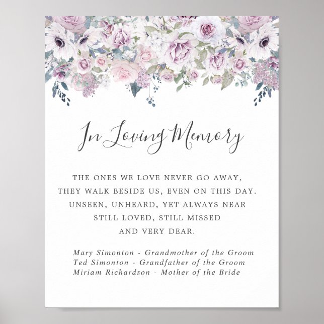Poster Placa Comemorativa de Casamento Floral Branco Roxo (Frente)