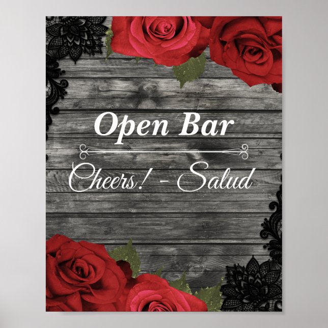 Poster Placa de Abertura de Bar de Casamento com Rosas Ve (Frente)