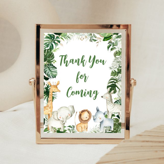 Poster Placa de Agradecimento para Chuveiro Safari Wild O (Greenery Jungle Baby Shower Thank you for Coming Sign)