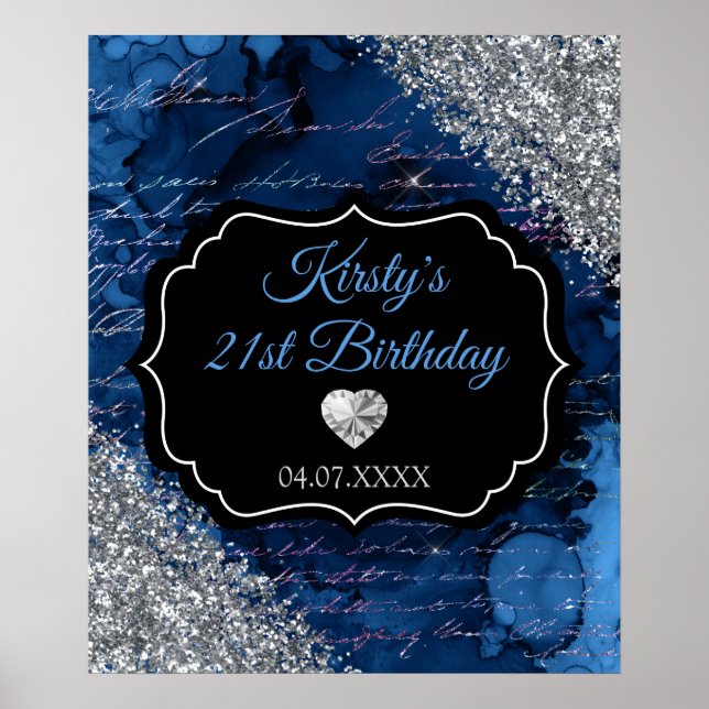 Poster Placa de Aniversário Brilho de Sereia Azul Prata (Frente)