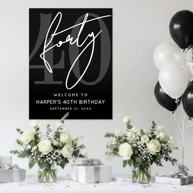 Poster Placa de Aniversário de 40 Anos Preta (Black 40th Birthday Party Sign )