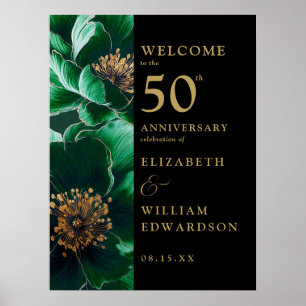 Poster Placa de Aniversário de 50 anos Green Floral Preto