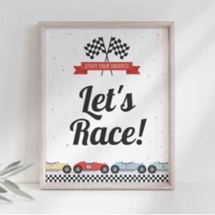 Poster Placa de Aniversário de Carro de Corrida Editável