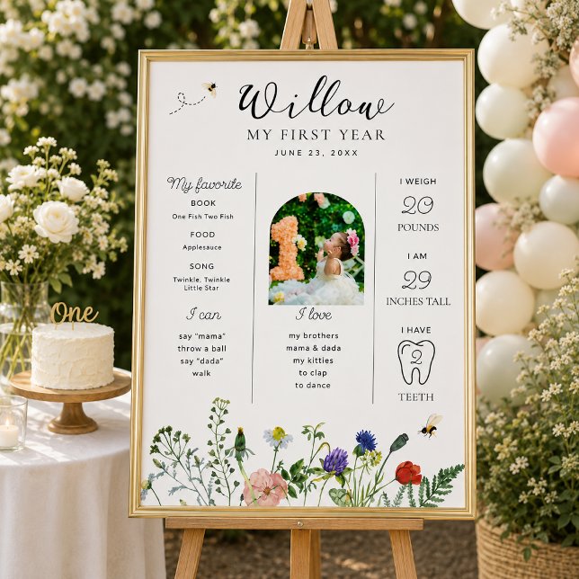 Poster Placa de aniversário de um ano da abelha das flore (Criador carregado)