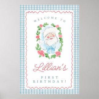 Poster Placa de Aniversário do Papai Noel com Xadrez Azul