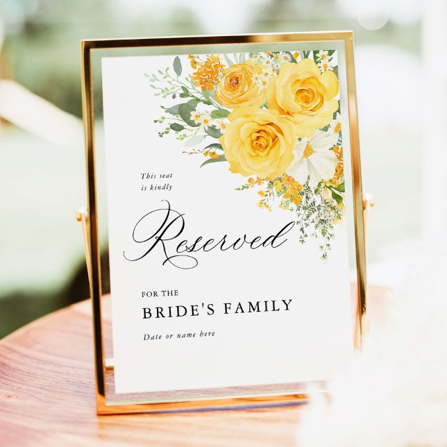 Poster Placa de Assento Reservado Rosa Floral Amarela 13x (Yellow rose floral reserved wedding sign, elegant reserved seating sign, yellow wedding stationery)