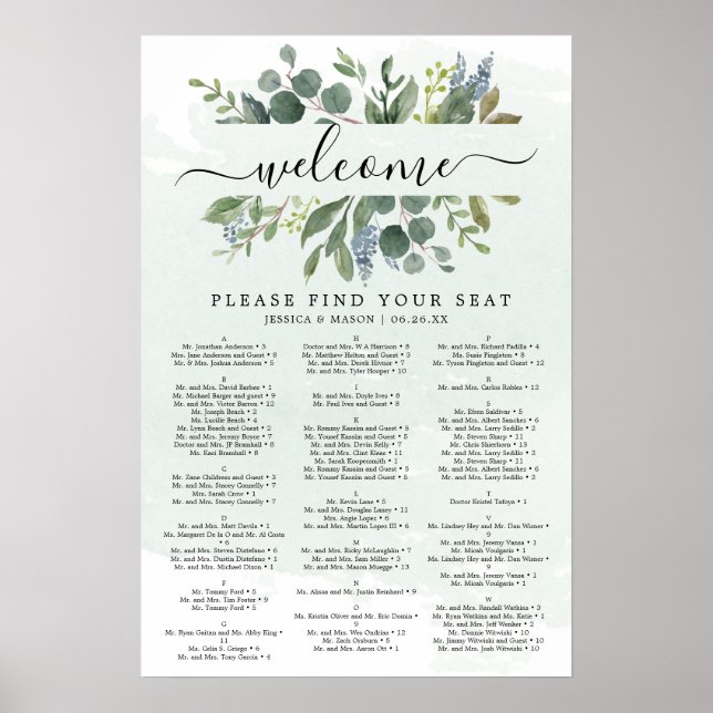 Poster Placa de Assentos de Casamento com Eucalipto Azul  (Frente)