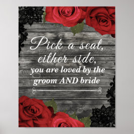 Poster Placa de Assentos de Casamento com Rosas Vermelhas