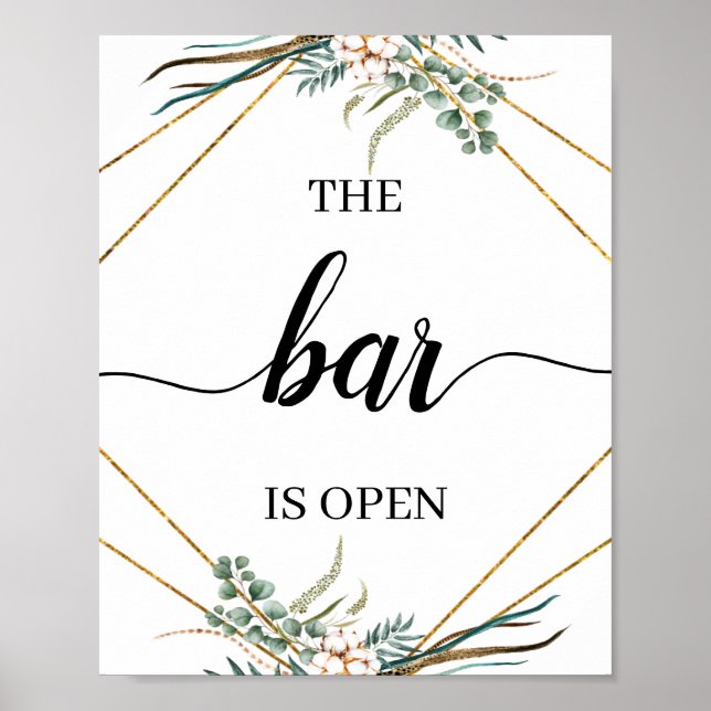 Poster Placa de Bar de Casamento Caligrafia Eucalipto Ver (Frente)