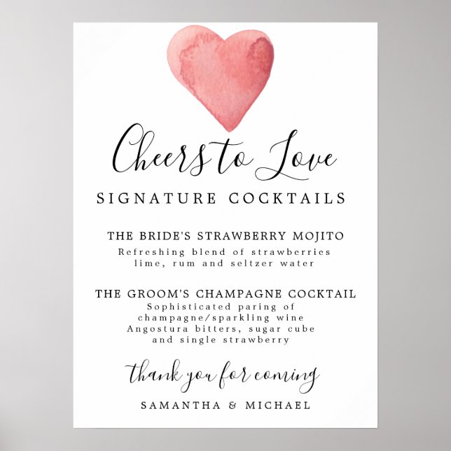 Poster Placa de Bar de Casamento Red Heart Signature Cock (Frente)