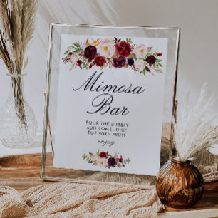 Poster placa de bar de mimosa para chá de noiva burgundy