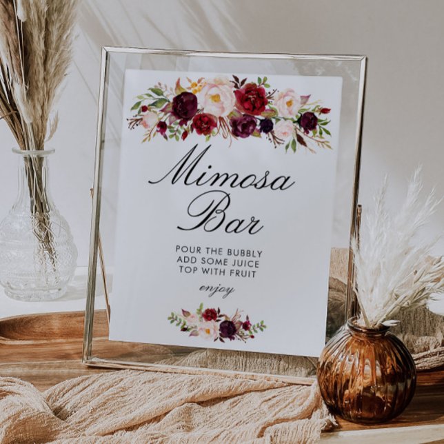 Poster placa de bar de mimosa para chá de noiva burgundy  (Criador carregado)